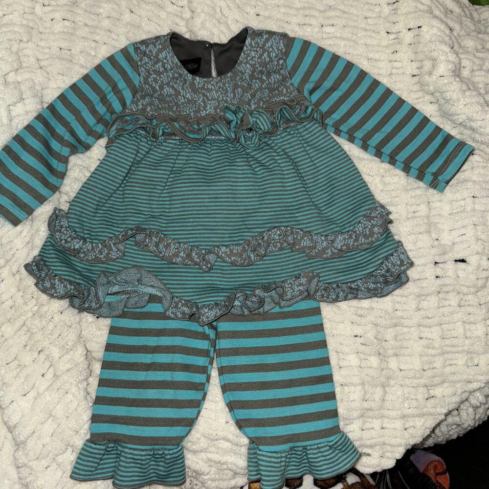 Isobella & Chloe Baby girl Blue Brown striped ruffle 2 piece set cropped pants